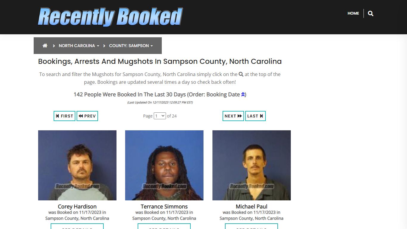 Bookings, Arrests and Mugshots in Sampson County, North Carolina